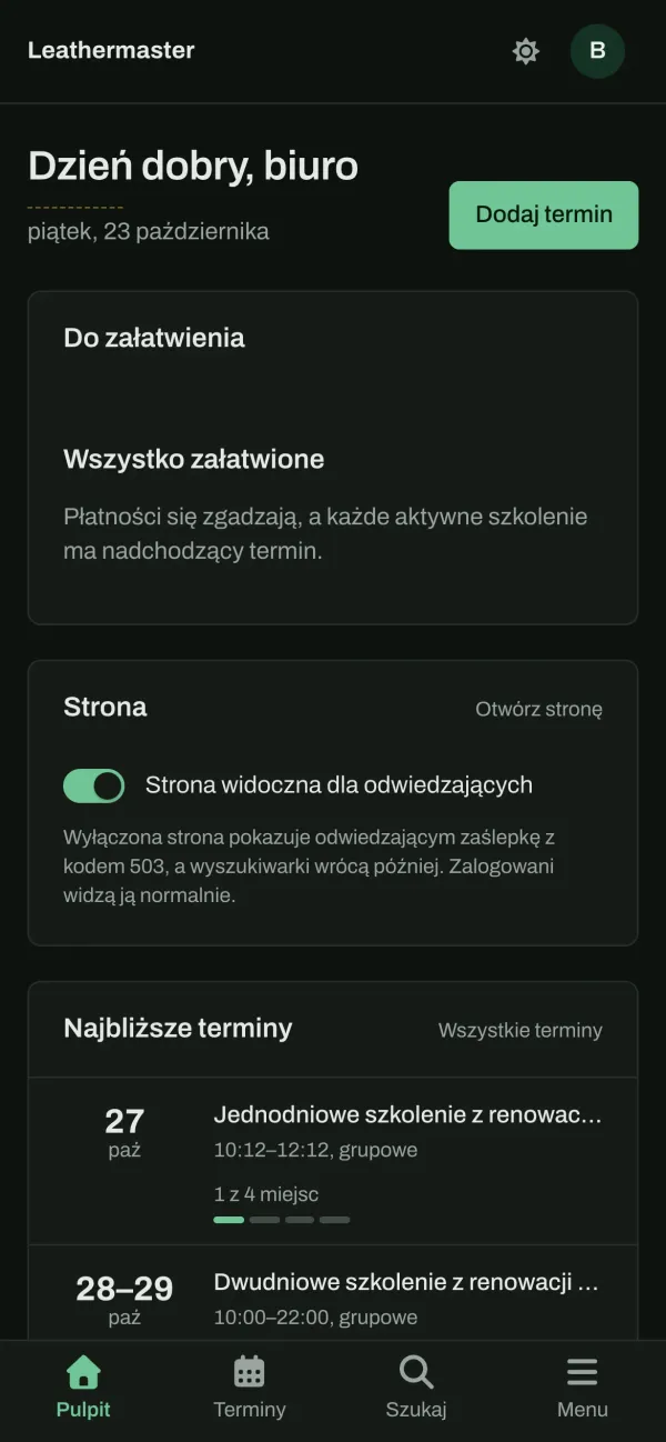 Pulpit panelu LeatherMaster: najbliższe terminy szkoleń i ostatnie zapisy ze statusem płatności (dane przykładowe)