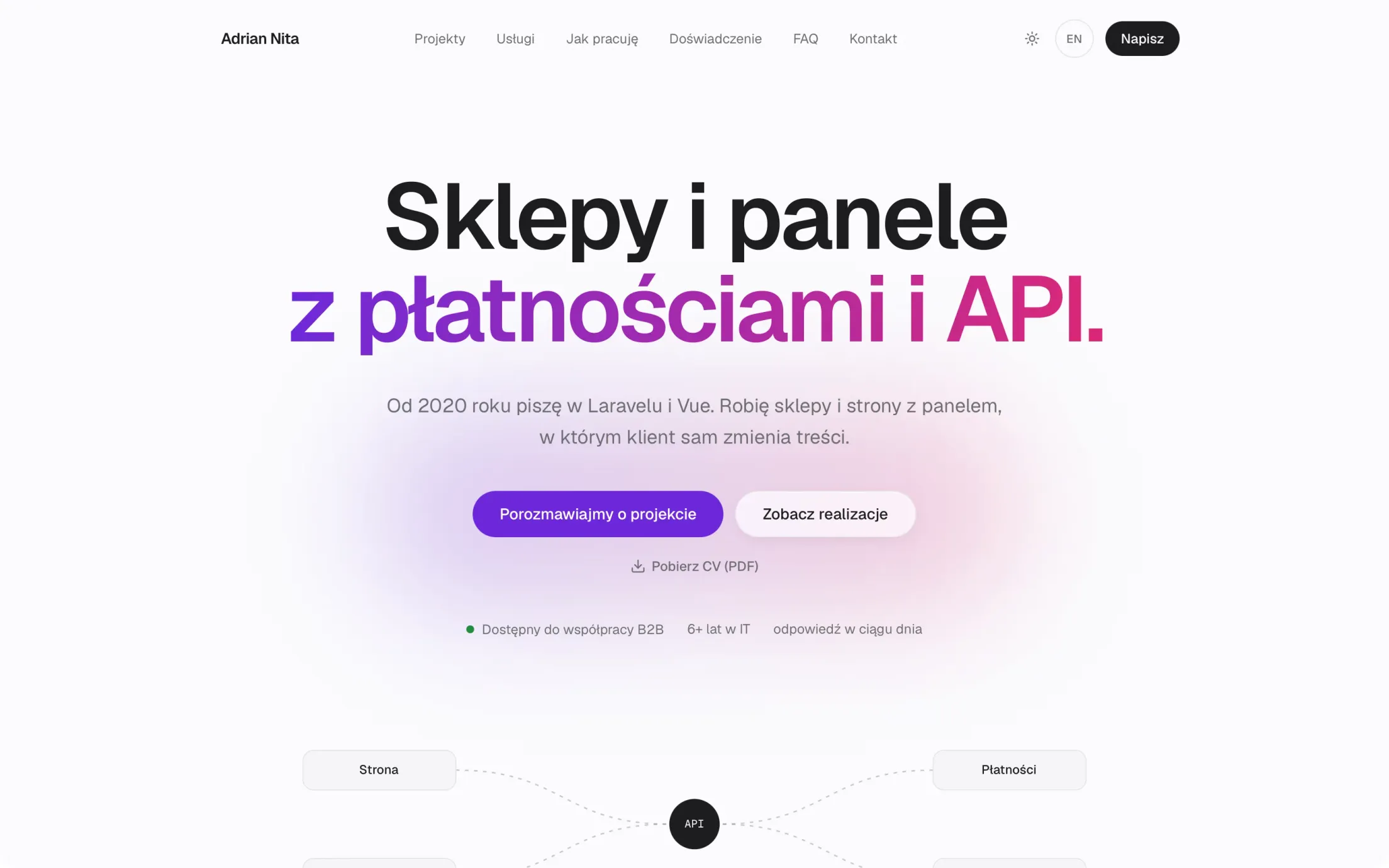 Strona główna portfolio: nagłówek o sklepach i panelach z płatnościami i API